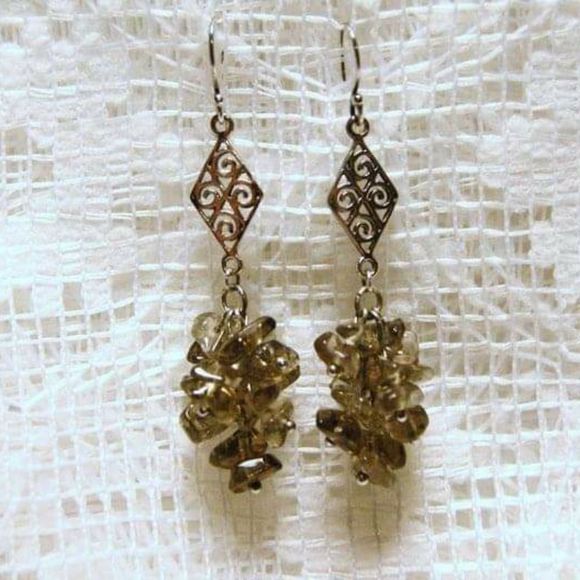 Handmade Sterling Silver Swirly Scroll & Gray Smoky Quartz Chip Cluster Earrings - Picture 3 of 5
